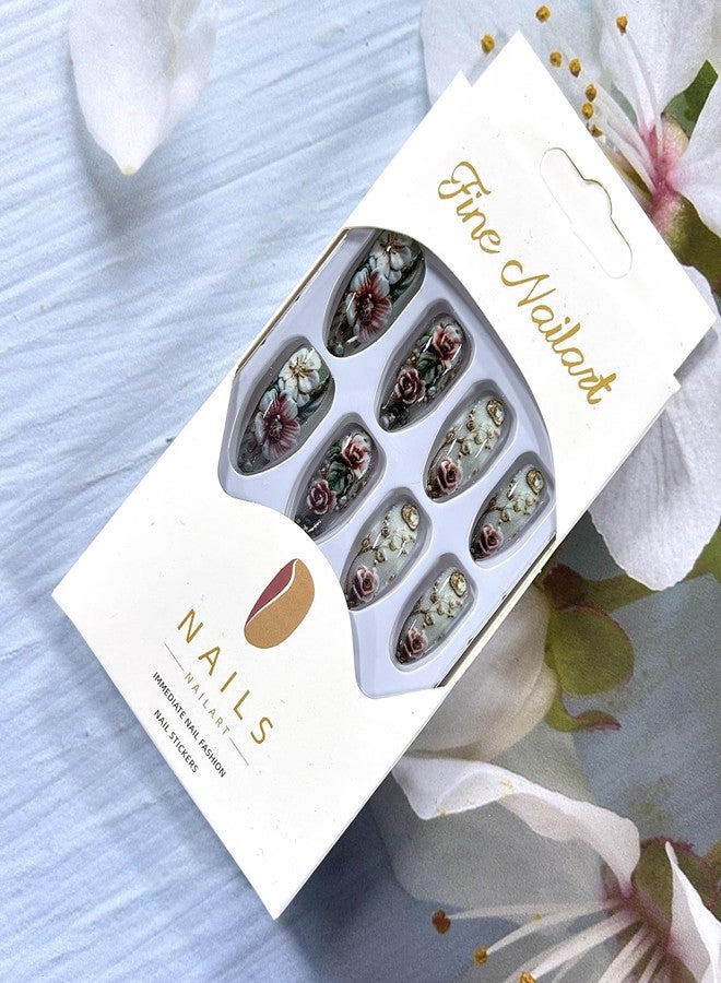 CJDLTS Flower Press on Nails Medium Length Almond Tip Acrylic Fake Nail Full Cover Glossy Floral Stick on Nails Peony Flower Pattern Design Artificial Fingernails 24Pcs DIY Glue on Nails for Women - Image 4